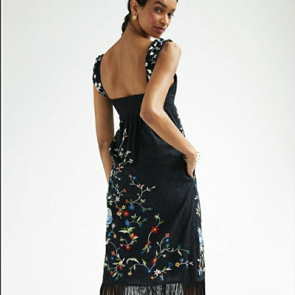 Anthropologie Black Dress with Colorful Floral Embroidery - Picture 2 of 10